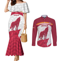 Custom Latvia Football Couples Matching Mermaid Dress and Long Sleeve Button Shirt Go Wolves Latvija Folk Pattern