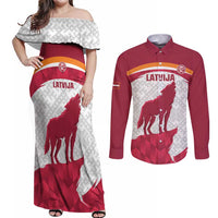 Custom Latvia Football Couples Matching Off Shoulder Maxi Dress and Long Sleeve Button Shirt Go Wolves Latvija Folk Pattern
