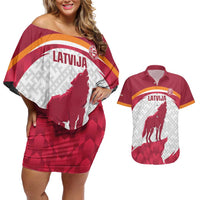 Custom Latvia Football Couples Matching Off Shoulder Short Dress and Hawaiian Shirt Go Wolves Latvija Folk Pattern