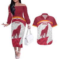 Custom Latvia Football Couples Matching Off The Shoulder Long Sleeve Dress and Hawaiian Shirt Go Wolves Latvija Folk Pattern