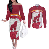 Custom Latvia Football Couples Matching Off The Shoulder Long Sleeve Dress and Long Sleeve Button Shirt Go Wolves Latvija Folk Pattern