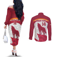 Custom Latvia Football Couples Matching Off The Shoulder Long Sleeve Dress and Long Sleeve Button Shirt Go Wolves Latvija Folk Pattern
