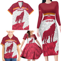 Custom Latvia Football Family Matching Long Sleeve Bodycon Dress and Hawaiian Shirt Go Wolves Latvija Folk Pattern