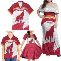 Custom Latvia Football Family Matching Off Shoulder Maxi Dress and Hawaiian Shirt Go Wolves Latvija Folk Pattern