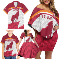 Custom Latvia Football Family Matching Off Shoulder Short Dress and Hawaiian Shirt Go Wolves Latvija Folk Pattern