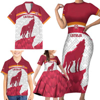 Custom Latvia Football Family Matching Short Sleeve Bodycon Dress and Hawaiian Shirt Go Wolves Latvija Folk Pattern
