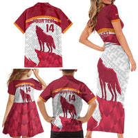 Custom Latvia Football Family Matching Short Sleeve Bodycon Dress and Hawaiian Shirt Go Wolves Latvija Folk Pattern