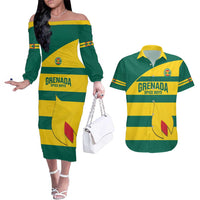 Custom Grenada Football Couples Matching Off The Shoulder Long Sleeve Dress and Hawaiian Shirt Go Spice Boys Green Version