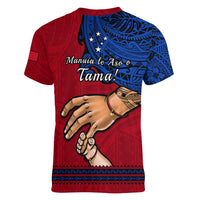 Polynesian Pride Father Day Samoa Women V Neck T Shirt Manuia le Aso Sa o Tama Red Version - Wonder Print Shop