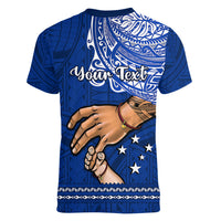 Personalised Father Day Samoa Women V Neck T Shirt Manuia le Aso Sa o Tama Blue Version - Wonder Print Shop