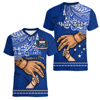 Personalised Father Day Samoa Women V Neck T Shirt Manuia le Aso Sa o Tama Blue Version - Wonder Print Shop