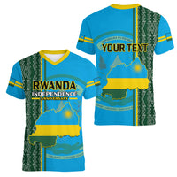 Personalised 1 July Independence Day Rwanda Women V Neck T Shirt African Imigongo Happy 61st Anniversary - Wonder Print Shop