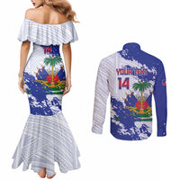 Custom Haiti Football Couples Matching Mermaid Dress and Long Sleeve Button Shirt Les Grenadiers Blue Grunge Polynesian Tattoo - Wonder Print Shop