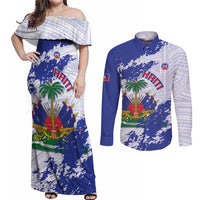 Custom Haiti Football Couples Matching Off Shoulder Maxi Dress and Long Sleeve Button Shirt Les Grenadiers Blue Grunge Polynesian Tattoo - Wonder Print Shop