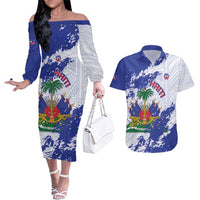 Custom Haiti Football Couples Matching Off The Shoulder Long Sleeve Dress and Hawaiian Shirt Les Grenadiers Blue Grunge Polynesian Tattoo - Wonder Print Shop