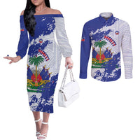 Custom Haiti Football Couples Matching Off The Shoulder Long Sleeve Dress and Long Sleeve Button Shirt Les Grenadiers Blue Grunge Polynesian Tattoo - Wonder Print Shop