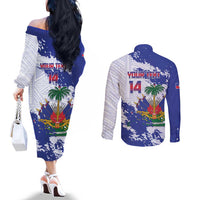 Custom Haiti Football Couples Matching Off The Shoulder Long Sleeve Dress and Long Sleeve Button Shirt Les Grenadiers Blue Grunge Polynesian Tattoo - Wonder Print Shop