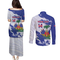 Custom Haiti Football Couples Matching Puletasi and Long Sleeve Button Shirt Les Grenadiers Blue Grunge Polynesian Tattoo - Wonder Print Shop
