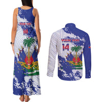 Custom Haiti Football Couples Matching Tank Maxi Dress and Long Sleeve Button Shirt Les Grenadiers Blue Grunge Polynesian Tattoo - Wonder Print Shop