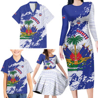 Custom Haiti Football Family Matching Long Sleeve Bodycon Dress and Hawaiian Shirt Les Grenadiers Blue Grunge Polynesian Tattoo - Wonder Print Shop