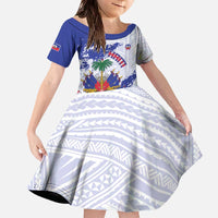 Custom Haiti Football Family Matching Off The Shoulder Long Sleeve Dress and Hawaiian Shirt Les Grenadiers Blue Grunge Polynesian Tattoo - Wonder Print Shop