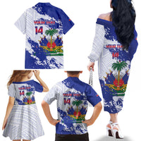 Custom Haiti Football Family Matching Off The Shoulder Long Sleeve Dress and Hawaiian Shirt Les Grenadiers Blue Grunge Polynesian Tattoo - Wonder Print Shop