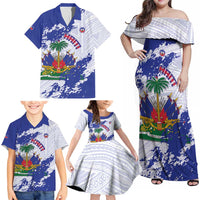 Custom Haiti Football Family Matching Off Shoulder Maxi Dress and Hawaiian Shirt Les Grenadiers Blue Grunge Polynesian Tattoo - Wonder Print Shop