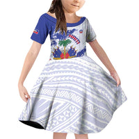 Custom Haiti Football Family Matching Off Shoulder Short Dress and Hawaiian Shirt Les Grenadiers Blue Grunge Polynesian Tattoo - Wonder Print Shop