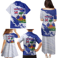 Custom Haiti Football Family Matching Puletasi and Hawaiian Shirt Les Grenadiers Blue Grunge Polynesian Tattoo - Wonder Print Shop