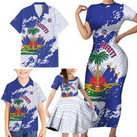 Custom Haiti Football Family Matching Short Sleeve Bodycon Dress and Hawaiian Shirt Les Grenadiers Blue Grunge Polynesian Tattoo - Wonder Print Shop