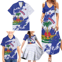 Custom Haiti Football Family Matching Summer Maxi Dress and Hawaiian Shirt Les Grenadiers Blue Grunge Polynesian Tattoo - Wonder Print Shop