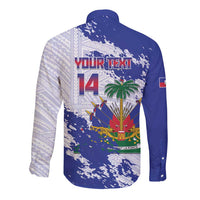 Custom Haiti Football Long Sleeve Button Shirt Les Grenadiers Blue Grunge Polynesian Tattoo - Wonder Print Shop