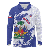 Custom Haiti Football Long Sleeve Polo Shirt Les Grenadiers Blue Grunge Polynesian Tattoo - Wonder Print Shop