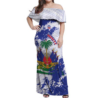 Custom Haiti Football Off Shoulder Maxi Dress Les Grenadiers Blue Grunge Polynesian Tattoo - Wonder Print Shop