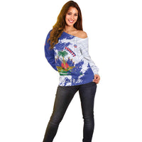 Custom Haiti Football Off Shoulder Sweater Les Grenadiers Blue Grunge Polynesian Tattoo - Wonder Print Shop