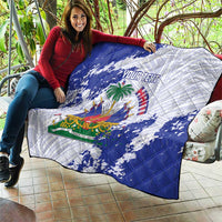 Custom Haiti Football Quilt Les Grenadiers Blue Grunge Polynesian Tattoo - Wonder Print Shop