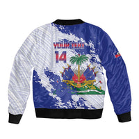 Custom Haiti Football Sleeve Zip Bomber Jacket Les Grenadiers Blue Grunge Polynesian Tattoo - Wonder Print Shop