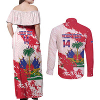 Custom Haiti Football Couples Matching Off Shoulder Maxi Dress and Long Sleeve Button Shirt Les Grenadiers Red Grunge Polynesian Tattoo - Wonder Print Shop