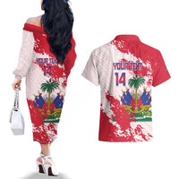 Custom Haiti Football Couples Matching Off The Shoulder Long Sleeve Dress and Hawaiian Shirt Les Grenadiers Red Grunge Polynesian Tattoo - Wonder Print Shop