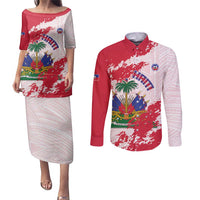 Custom Haiti Football Couples Matching Puletasi and Long Sleeve Button Shirt Les Grenadiers Red Grunge Polynesian Tattoo - Wonder Print Shop