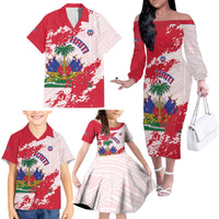 Custom Haiti Football Family Matching Off The Shoulder Long Sleeve Dress and Hawaiian Shirt Les Grenadiers Red Grunge Polynesian Tattoo - Wonder Print Shop