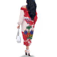 Custom Haiti Football Family Matching Off The Shoulder Long Sleeve Dress and Hawaiian Shirt Les Grenadiers Red Grunge Polynesian Tattoo - Wonder Print Shop