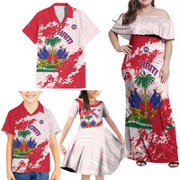 Custom Haiti Football Family Matching Off Shoulder Maxi Dress and Hawaiian Shirt Les Grenadiers Red Grunge Polynesian Tattoo - Wonder Print Shop
