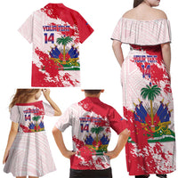 Custom Haiti Football Family Matching Off Shoulder Maxi Dress and Hawaiian Shirt Les Grenadiers Red Grunge Polynesian Tattoo - Wonder Print Shop