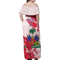 Custom Haiti Football Family Matching Off Shoulder Maxi Dress and Hawaiian Shirt Les Grenadiers Red Grunge Polynesian Tattoo - Wonder Print Shop