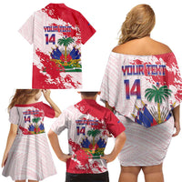 Custom Haiti Football Family Matching Off Shoulder Short Dress and Hawaiian Shirt Les Grenadiers Red Grunge Polynesian Tattoo - Wonder Print Shop