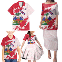 Custom Haiti Football Family Matching Puletasi and Hawaiian Shirt Les Grenadiers Red Grunge Polynesian Tattoo - Wonder Print Shop