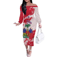 Custom Haiti Football Off The Shoulder Long Sleeve Dress Les Grenadiers Red Grunge Polynesian Tattoo - Wonder Print Shop