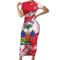 Custom Haiti Football Short Sleeve Bodycon Dress Les Grenadiers Red Grunge Polynesian Tattoo - Wonder Print Shop