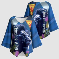 Cianalas Alba Scotland Kimono Sleeve Blouse Scottish Lion and Thistle Blue Version